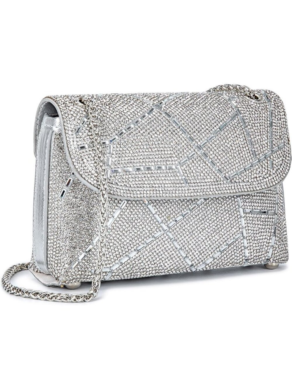 Women Silvery Rhinestone Evening Clutch Bag with Chain Strap Shoulder Purse